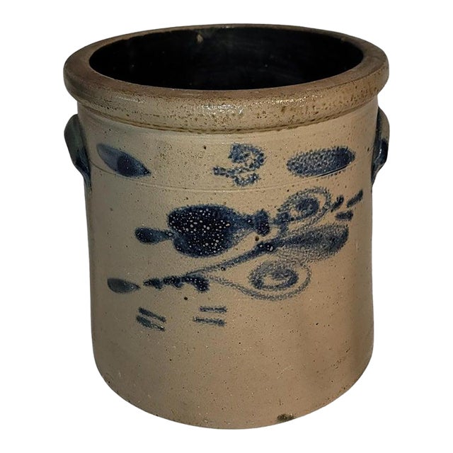 19thc Stoneware Two Gallon Decorated Crock For Sale