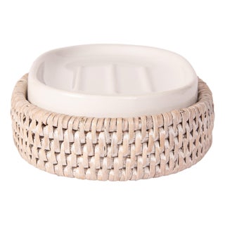 Artifacts Rattan Oval Soap Dish with Ceramic Insert, White WashA For Sale