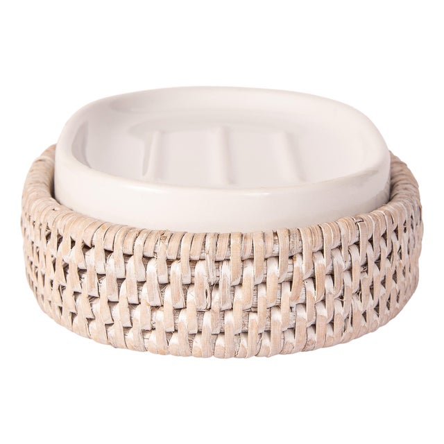 Artifacts Rattan Oval Soap Dish with Ceramic Insert, White WashA For Sale