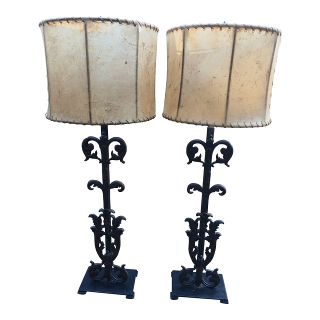 1990s Tuscan Style Scroll Cast Iron Lamps a Pair For Sale