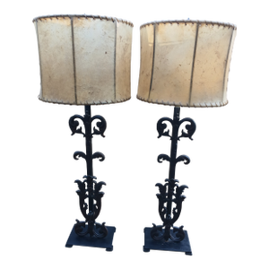 1990s Tuscan Style Scroll Cast Iron Lamps a Pair