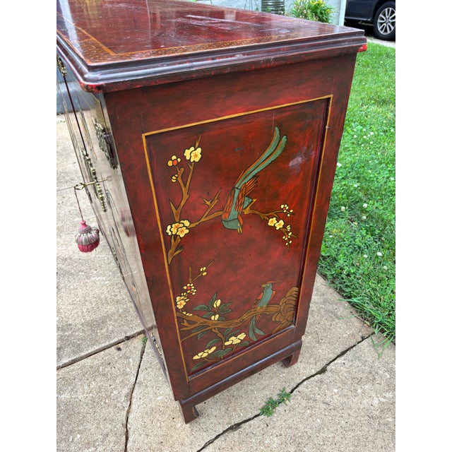 Antique Asian Oxblood Red Cabinet With Green Interior For Sale - Image 14 of 18