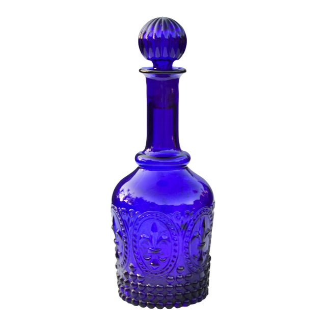 Mid 20th Century Handmade Cobalt Blue Textured Art-Glass Decanter For Sale