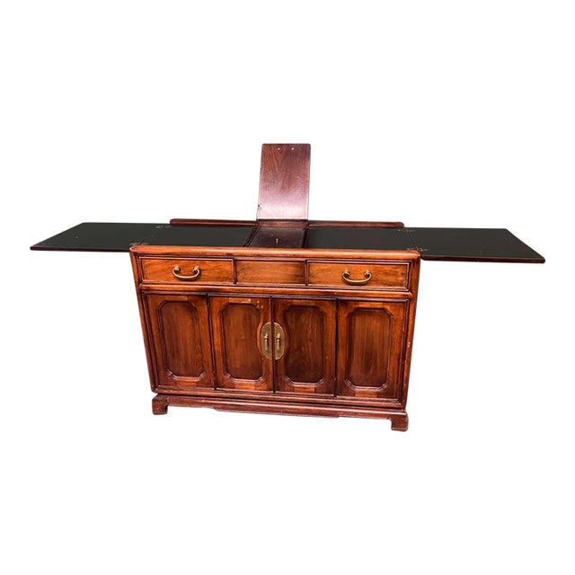 Mid-Century Modern American of Martinsville Unique Buffet / Console, Brass Handles and Fold Down Sides and Hidden Ice Bucket For Sale