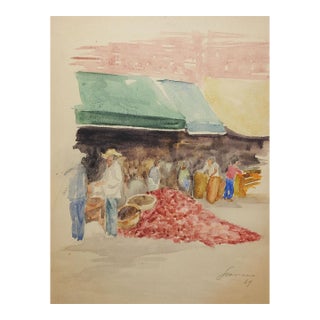 Mid 20th Century Open Air Market Watercolor Painting For Sale