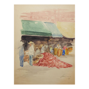 Mid 20th Century Open Air Market Watercolor Painting