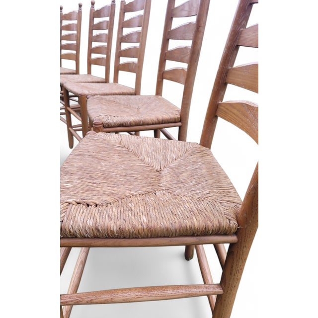Vintage French Farmhouse Ladderback Dining Chairs in Oak with Rush Seats, 1950s, Set of 4 For Sale - Image 9 of 13