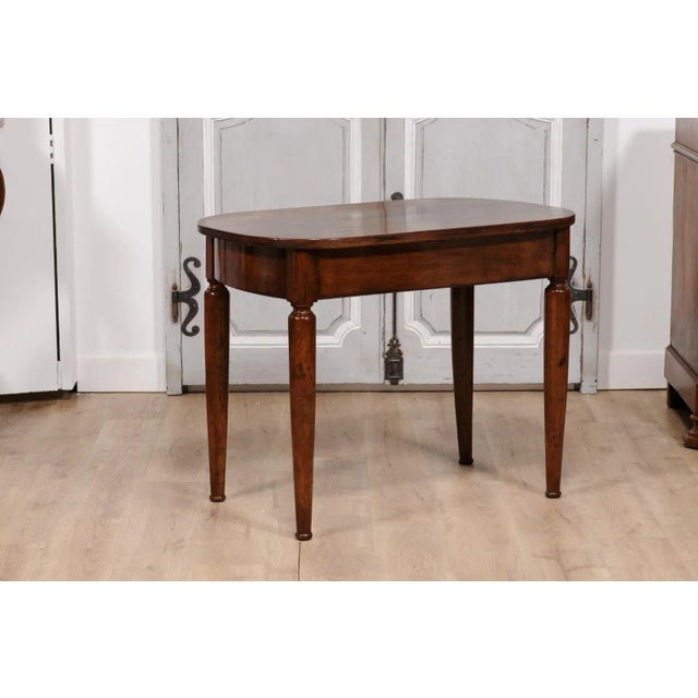 Italian Walnut 1890s Side Table with Oval Top, One Drawer and Cylindrical Legs For Sale - Image 4 of 12