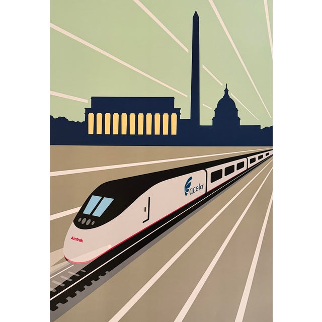 Modern American railway advertising poster illustrated by Michael Schwab for Amtrak’s Acela Express campaign. The dynamic...