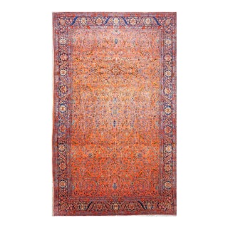 Antique Persian Manchester Kashan Wool 10X17 Salmon, Rust & Navy Handmade Area Rug #1141003 For Sale