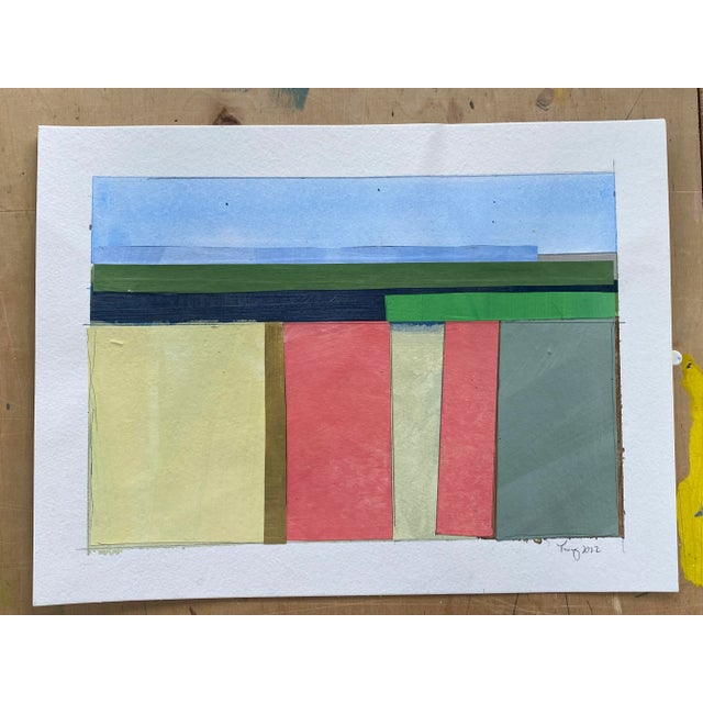 Mid Century Modern abstract painting/collage Lake Series 12x9 inches. Image size is 10x7 inches. A white border is left to...