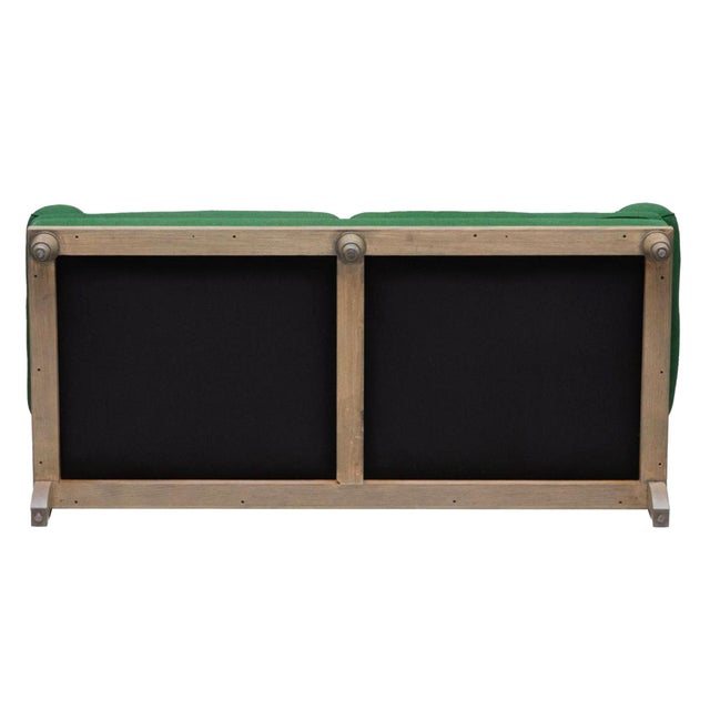 Custom Carved Oak & Green Linen Sofa by Steven Gambrel For Sale - Image 4 of 18