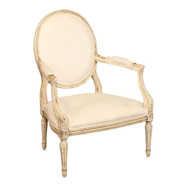 Buying & Design Italia Louis XVI Style White Oval Back Armchair For Sale