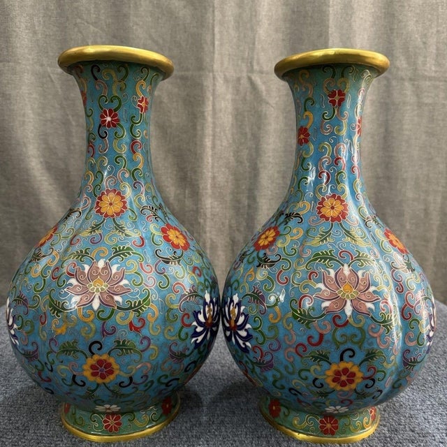 Pair of Large Vintage Turquoise Cloisonné Enamel Lotus Vases For Sale In Los Angeles - Image 6 of 6