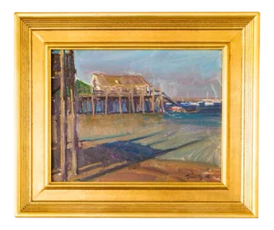 "Captain Jack's Wharf" Contemporary Nautical Seascape Oil Painting, Framed
