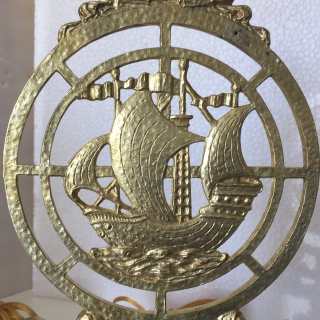 Metal Vintage Solid Brass Nautical Tabletop Lamps With Ship Design, a Pair For Sale - Image 7 of 13