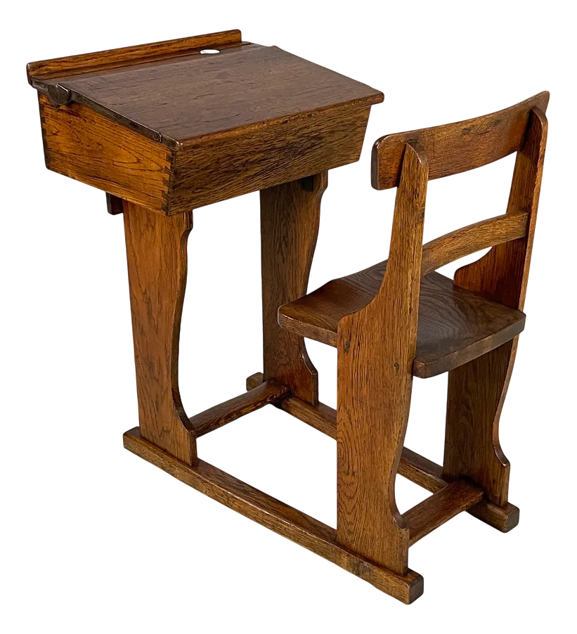 Vintage Italian School Desk in Wood and Ceramic Inkwell, 1930s