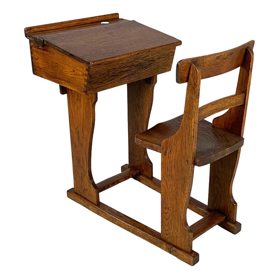 Vintage Italian School Desk in Wood and Ceramic Inkwell, 1930s