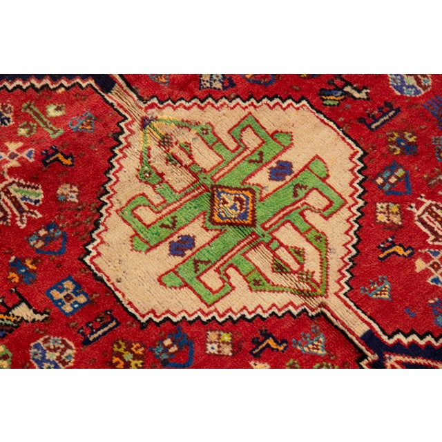 1950s Handmade Red Vintage Shiraz Wool Rug With Tribal Design For Sale - Image 5 of 7