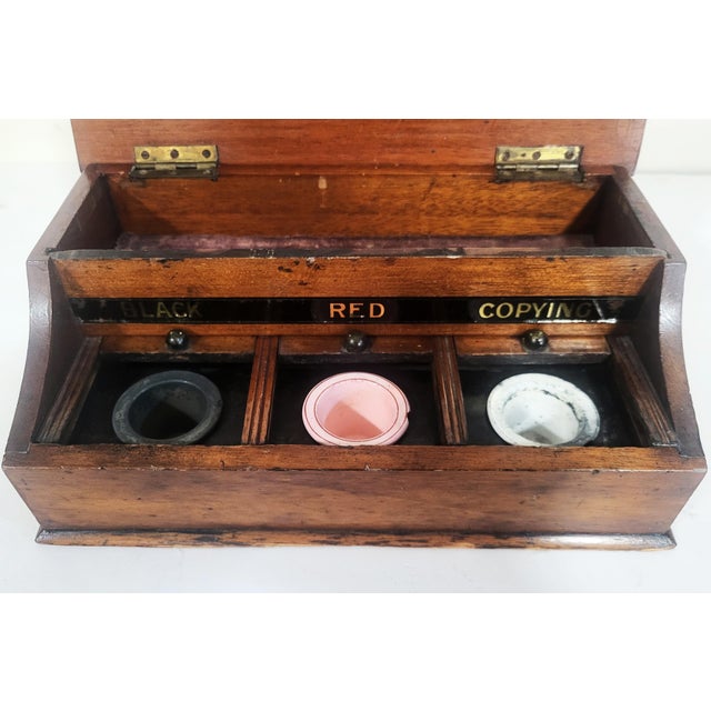 English 19th C Mahogany & Reverse Painted Glass 3 Jar Desk Inkwell For Sale - Image 10 of 16