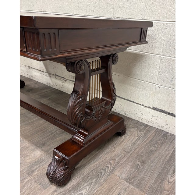 Brown Vintage Empire Style Lyre Side Leather Top Writing Executive Library Desk For Sale - Image 8 of 15