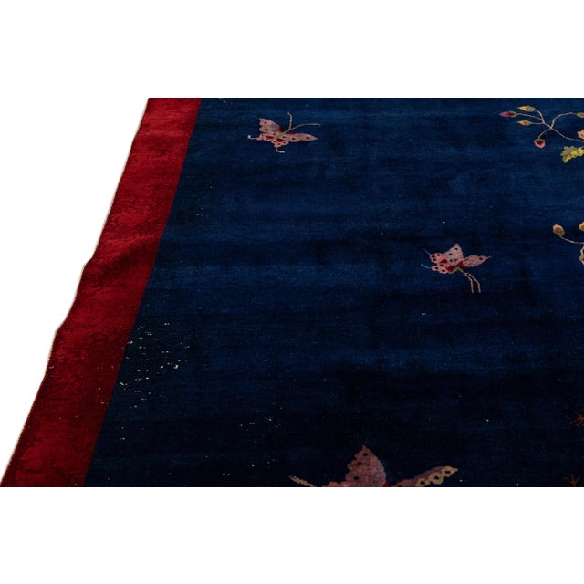 Textile Antique Art Deco Chinese Handmade Floral Blue Wool Rug For Sale - Image 7 of 13