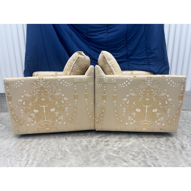 Pair of Scalamandre Silk Tropical Gold White Swivel Club Chairs For Sale - Image 4 of 8