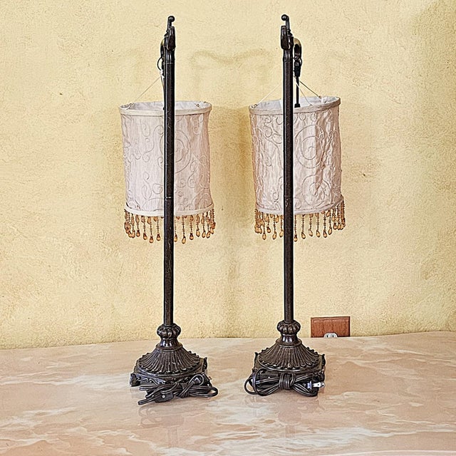 Vintage Bridge Arm Table Lamps With Beaded Shades - Pair For Sale In Washington DC - Image 6 of 18