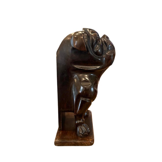 English Antique French Walnut Hand Carved English Bulldog Brush Stand / Valet / Matchstick Holder With Amber Glass Eyes, Iris Apfel Owned For Sale - Image 3 of 8