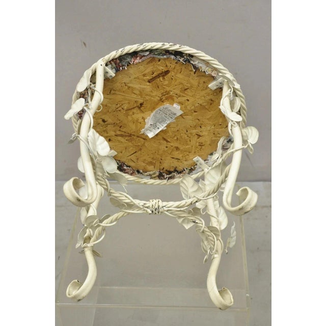 Vintage Italian Hollywood Regency White Metal Rope Floral Vanity Bench Stool For Sale - Image 9 of 11