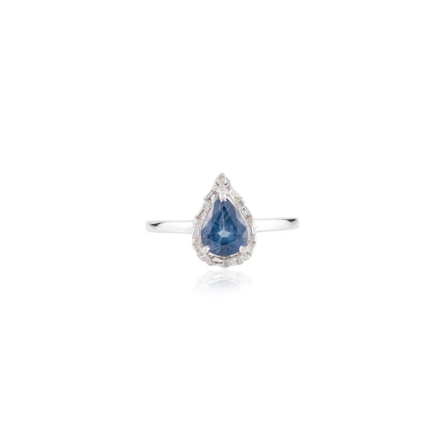 14k Gold 1ct Pear Shape Blue Sapphire Diamond Halo Art Deco Ring Size 9 For Sale - Image 4 of 15