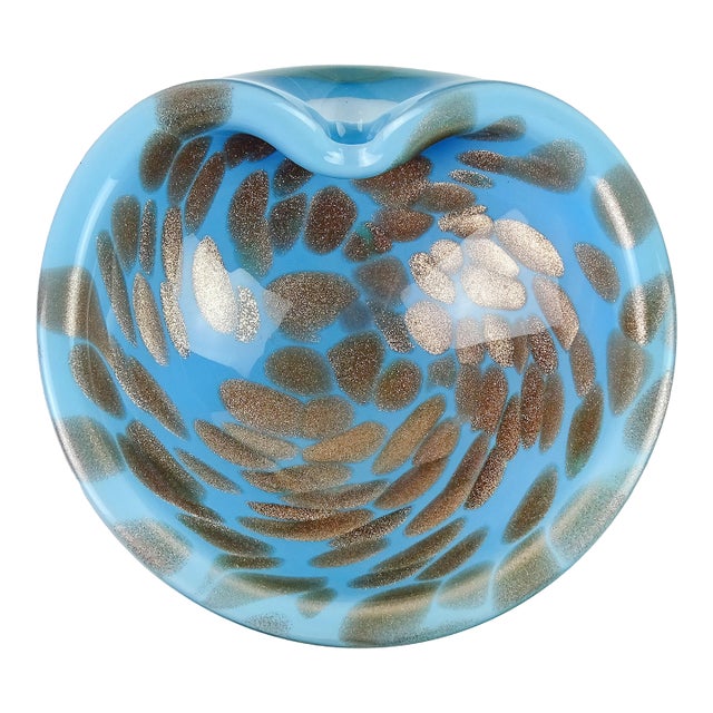 Vintage Murano Sky Blue Copper Aventurine Flecks Spots Italian Art Glass Decorative Bowl Ashtray Dish For Sale