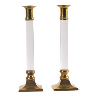 Vintage Lucite and Brass Taper Candleholder Pair For Sale