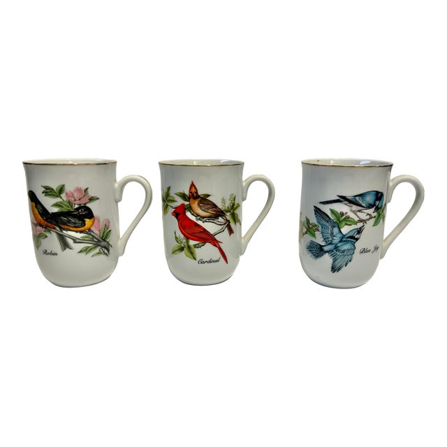 Vintage 1985 John James Audubon Porcelains Blue Jay, Cardinal and Robin Bird Mugs -3 For Sale
