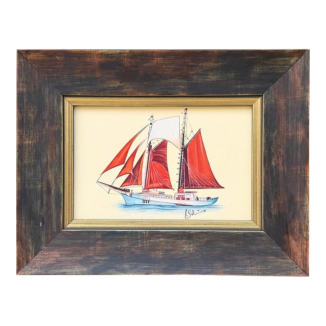 Original Hand-Painted Sailboat Painting, Framed For Sale