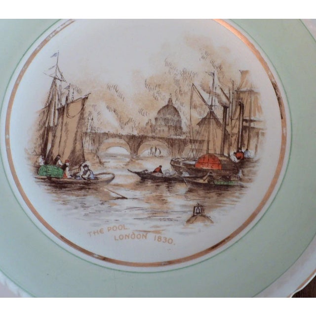 English 1940s Swinnertons Staffordshire London Docks 1830 Green Rim Majestic Vellum Dinner Display Plate For Sale - Image 3 of 6