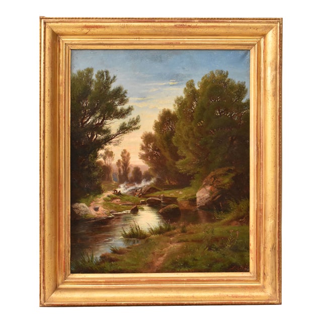 Leberecht Lortet, Mountain Landscape with Washerwomen and River, 1800s, Oil on Canvas For Sale