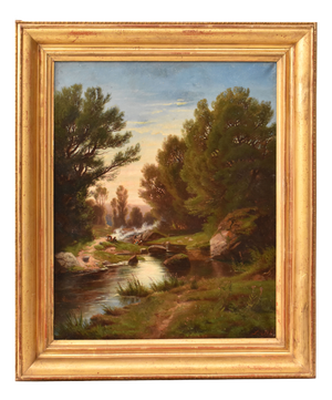 Leberecht Lortet, Mountain Landscape with Washerwomen and River, 1800s, Oil on Canvas