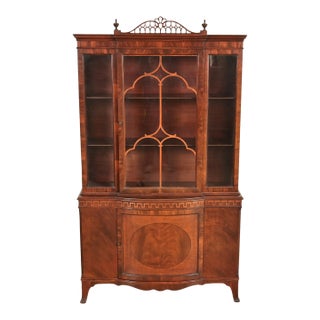 Romweber Antique Georgian Flame Mahogany Breakfront Bookcase Cabinet, Circa 1920s For Sale