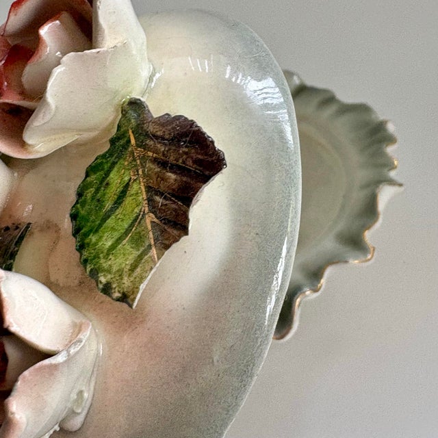 Pink Vintage Capodimonte-Style Italian Porcelain Lidded Bowl With Pink Roses, Ruffled Edge & Feet For Sale - Image 8 of 11
