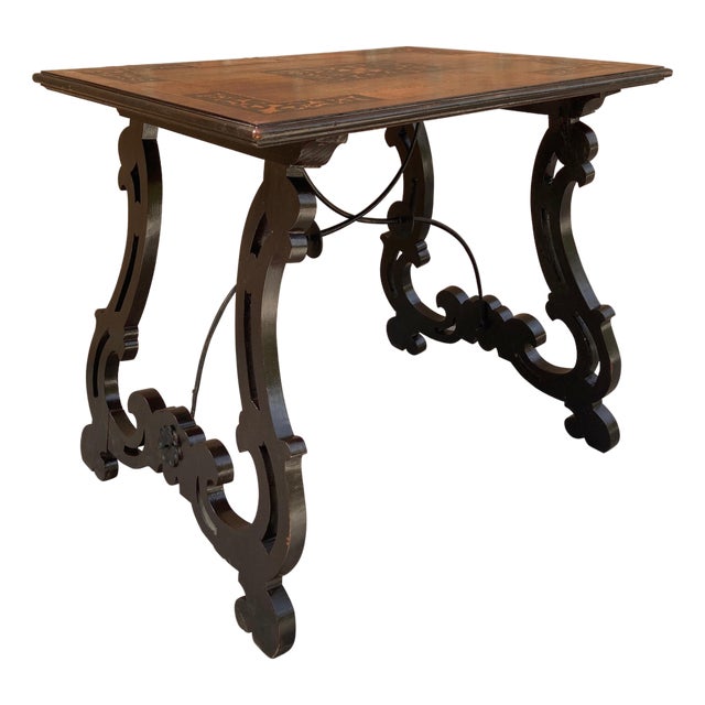 Spanish Early 19th Century Baroque Side Table with Lyre Legs and Marquetry Top For Sale