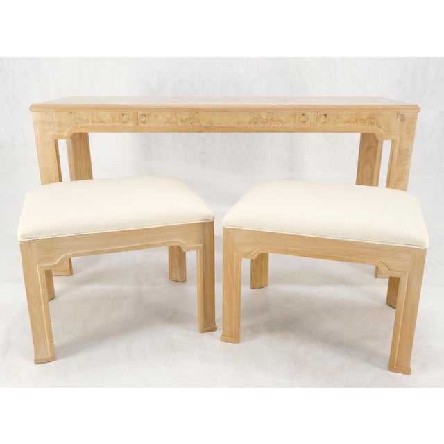 1970s Pair 1970s Nesting Benches Matching Burl Console Sofa Table New Upholstery For Sale - Image 5 of 9