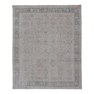 Vintage Turkish Oushak Rug, Distressed Floral Design, Cream & Blue 9'5 X 11'10 For Sale