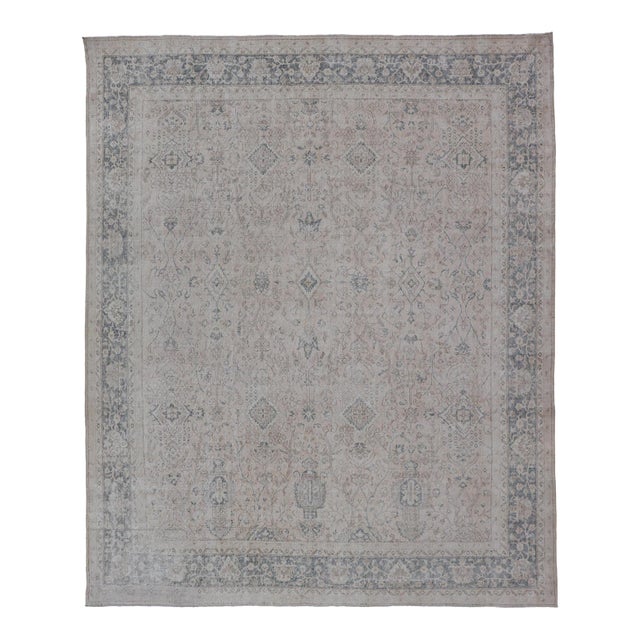 Vintage Turkish Oushak Rug, Distressed Floral Design, Cream & Blue 9'5 X 11'10 For Sale