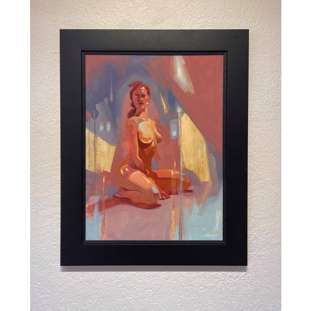 This oil on panel artwork features a figure in a contemplative pose, bathed in warm hues that evoke a sense of intimacy...