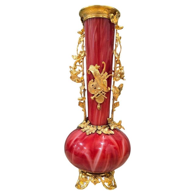 Large Vintage European Gilded Blown Red Glass Vase, 1940 For Sale - Image 12 of 12