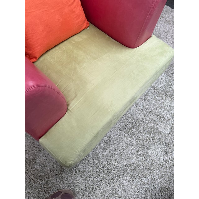 Celery Micro-Suede + Rose Pink Leather Chair + Ottoman For Sale In San Francisco - Image 6 of 12