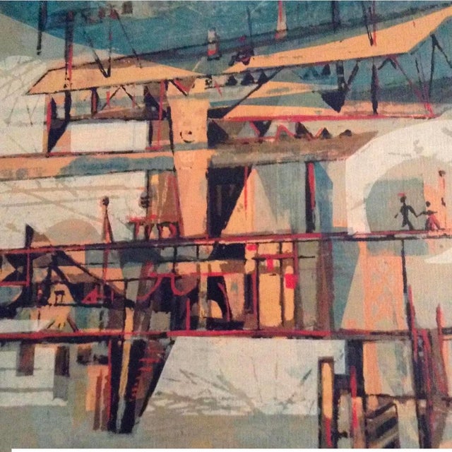 1950s Mid Century Modern Aerial City Serigraph on Board Dated 1958 For Sale - Image 5 of 9
