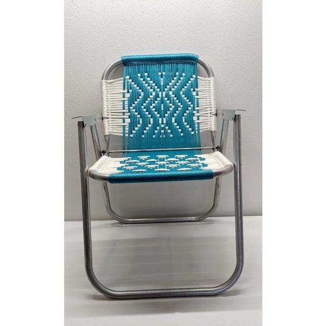 Blue Vintage Macrame Woven Seat Aluminum Folding Lawn Chair For Sale - Image 8 of 10