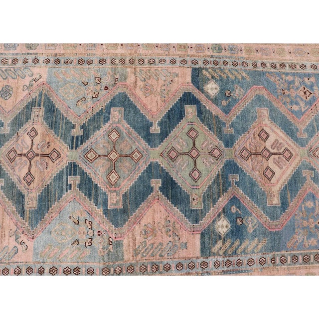 Cornflower Blue Antique Presian Gallery Kurdish Rug in Wool With Sub-Geometric Design For Sale - Image 8 of 11